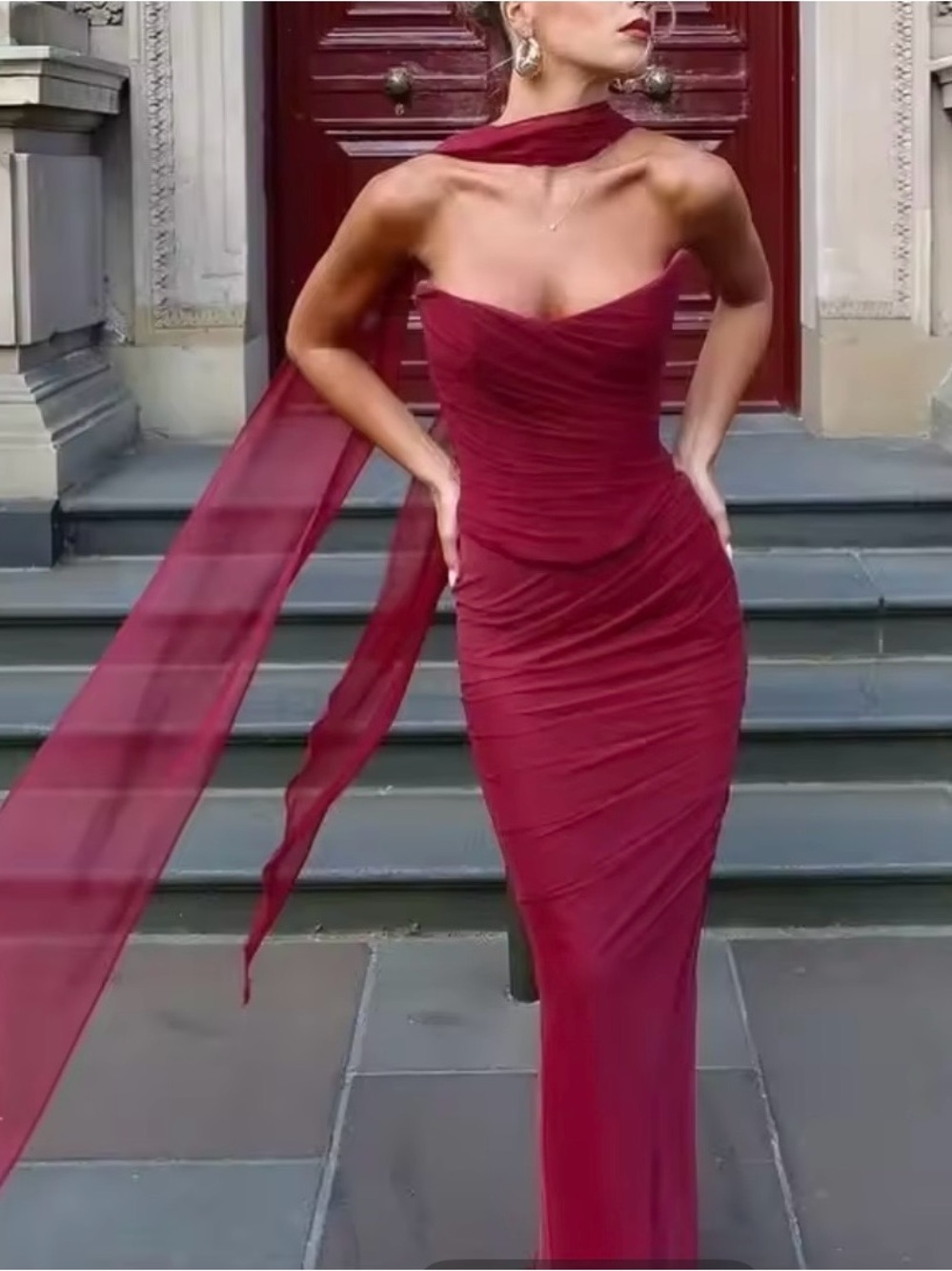 Off-Shoulder Burgundy Evening Wedding Gown